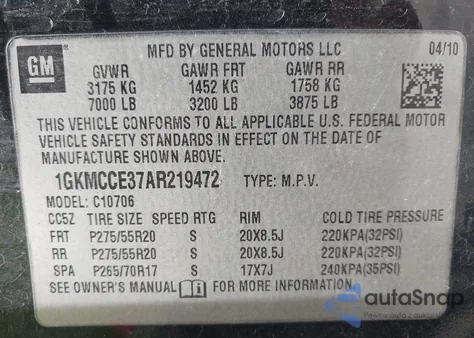 2010 GMC Yukon Slt from USA, damaged, VIN 1GKMCCE37AR219472